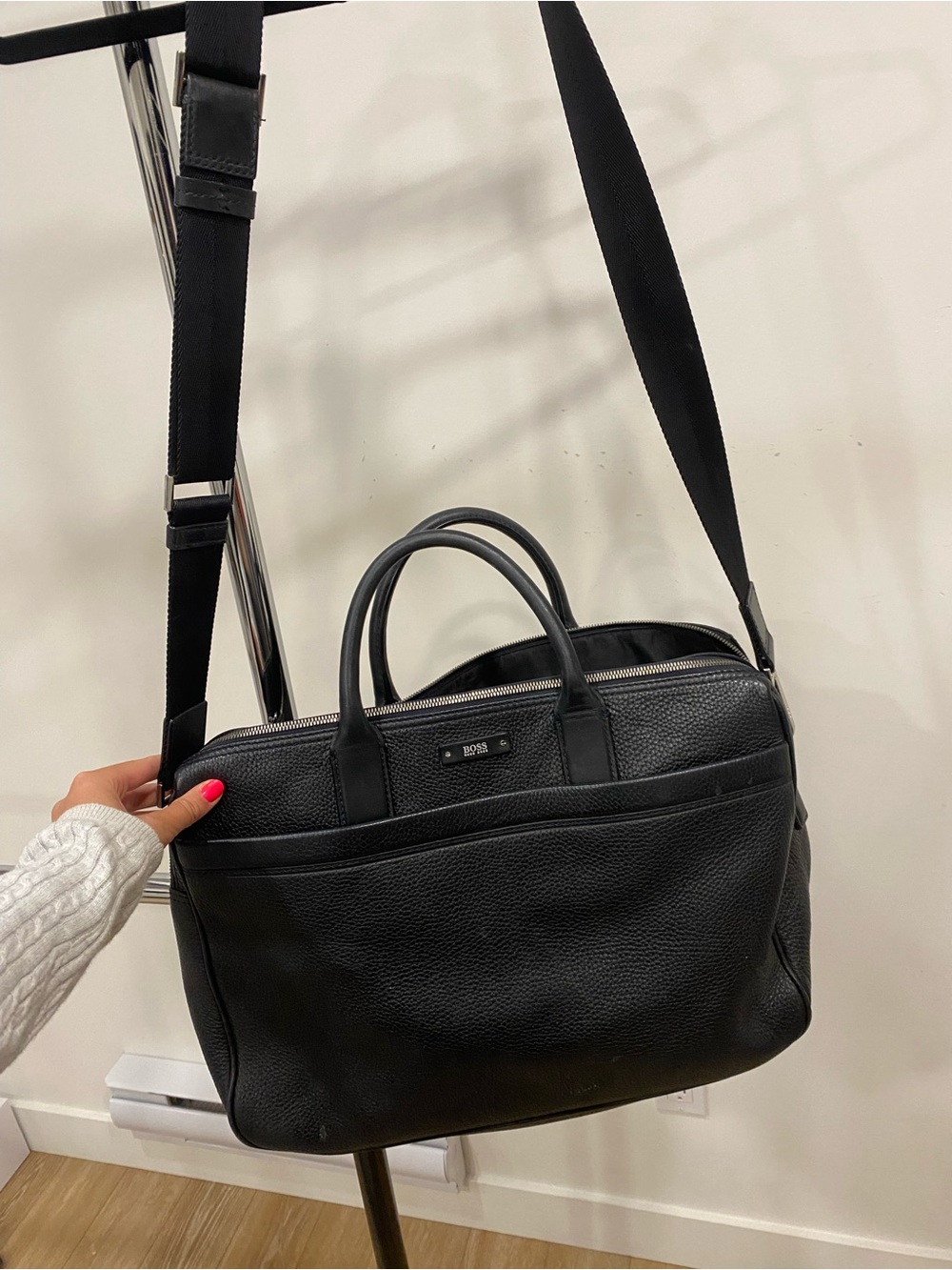 Black Leather Boss Work Bag with Shoulder Strap